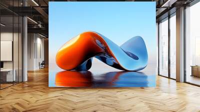 surrealistic scene dominated by a bright orange 3d object with organic forms, featuring an expanded silver chrome abstract shape ruling the sky blue gradient background. mysterious light blue objects Wall mural