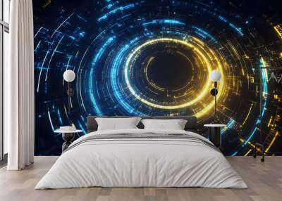 
Technology yellow and blue circle light stage on black background Wall mural