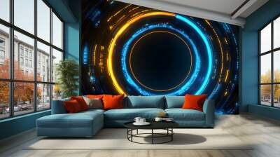 
Technology yellow and blue circle light stage on black background Wall mural