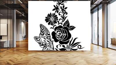 abstract black flower bouquet with butterfly tattoo, isolated vector illustration Wall mural