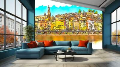 Colorful old town of Menton, French Riviera, France, watercolor sketch illustration. Wall mural