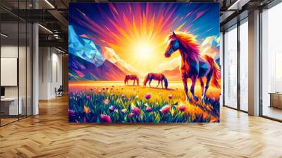 Horse in the field on sunset background, low poly art illustration vivid colors. Wall mural