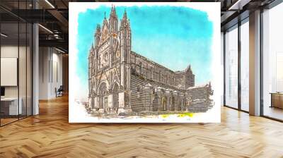 Orvieto Cathedral (Duomo di Orvieto), 14th-century Roman Catholic cathedral dedicated to the Assumption of the Virgin Mary and situated in the town of Orvieto in Umbria, Italy, watercolor illustration Wall mural