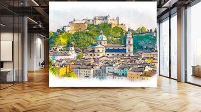 Panoramic view of the Salzburg, Austria, watercolor sketch illustration. Wall mural