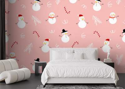 Cute winter seamless pattern with snowman and candy cane. Funny childish festive print for textile, wrapping paper Wall mural