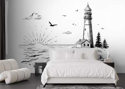 Vector landscape sketch - lighthouse, coastline, rocks, ocean, sunset. Wall mural