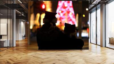 dos chicas abrazadas de espaldas viendo el árbol de navidad iluminado por la noche Wall mural