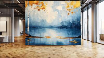 Abstract art acrylic oil painting of forest birch trees landscape with gold details and reflection of water from a lake. Generative AI Wall mural