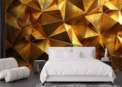 Abstract wide gold metallic texture with geometric triangular 3d triangles pattern wall background banner illustration, textured backdrop for design web. Generative AI Wall mural