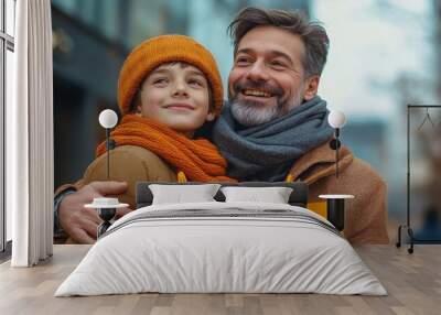 cheerful dad hugging teenage son while walking from mall with shopping bags, banner, Generative AI Wall mural