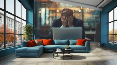 Depression at workplace, businessman disappointed with achievement results sad in despair inside office, man in business suit unhappy working with laptop, Generative AI Wall mural