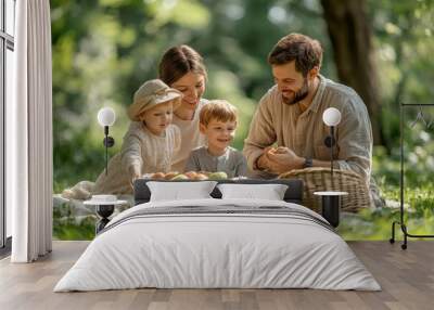 family, leisure and people concept - happy mother, father and two little sons having picnic at summer park, Generative AI Wall mural