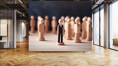 figurine man leader stand with people wooden team, leader lead and way to successful teamwork concept, Generative AI Wall mural