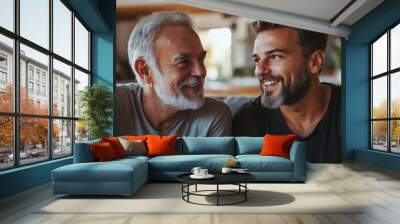 old man and adult son bonding together in living room, conversation and support in home. Love, relationship and senior dad with man on couch, relax and discussion, family connection, Generative AI Wall mural