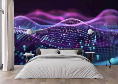  A dark purple background with blue and yellow lines geometric polygonal space low poly network nodes with connected dots and lines on dark blur blue tone background. Concept for digital technology, Wall mural