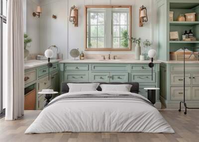  a green bathroom vanity with white cabinets Wall mural