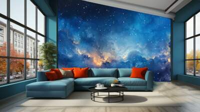  blue gradient watercolor Starry sky background, dark blue Watercolor  galaxy background with stars and nebulae, Blue watercolor space ,banner Wall mural