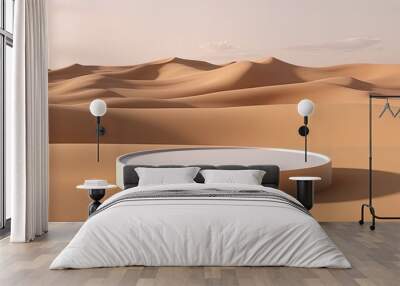  Empty circular marble podium in middle of sand dunes background, minimalist concept. Wall mural