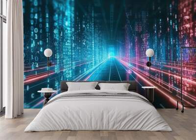  highway path through digital binary towers in city. Concept of big data, machine learning, artificial intelligence, hyper loop, virtual reality, high speed network. 3d render, montion blur speed Wall mural