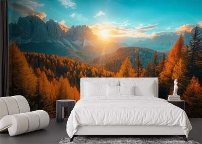  mountain landscape with golden trees and lake in autumn. nature mountain background.banner Wall mural