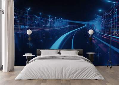 3d abstract fast moving lines. High speed motion blur. curved blue and red light path trail with bokeh blur effect. , The concept of technology and information data transfer. Abstract digital Wall mural