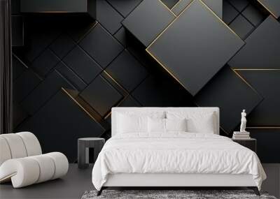 3d black and gold geometric pattern on a square background, black diamond pattern abstract wallpaper on dark background, Digital black textured graphics poster banner background Wall mural