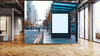 A blank white billboard at bus stop on street, for advertising mockups and urban city concepts and presentations.Mock up Billboard Media Advertising Poster banner template at Bus Station city street Wall mural