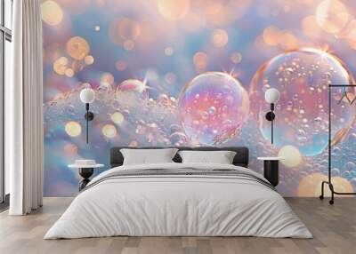 a collection of water bubbles in a purple air background, pink bubbles floating on the surface of the water.purple water bubles close up	
 Wall mural