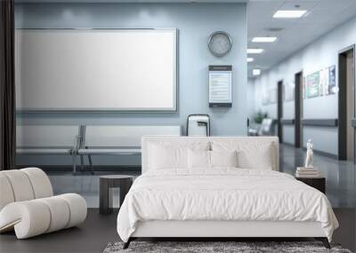 A mockup of an empty white poster on the wall in modern hospital waiting room with comfortable chairs and medical equipment. empty white blank poster on  white wall in hospital, white board  Wall mural