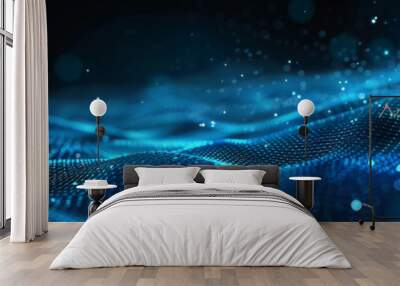 Abstract background with a blue digital mesh and dots on a dark background,blue wave data transfer futuristic technology concept. Wall mural