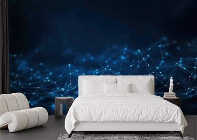 Abstract blue geometric polygonal space low poly network nodes with connected dots and lines on dark blur blue tone background. Concept for digital technology, telecom, big data, ai, block chain Wall mural