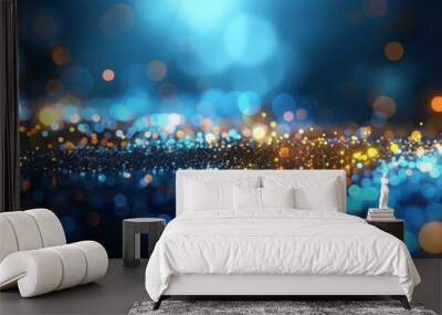 abstract blue gold glitter light particles bokeh background,abstract background with blue  and gold  bokeh lights and particles on black background , a gold and blue  background with lights, banner Wall mural