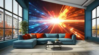 Abstract burst of blue and orange light rays radiating from a central point, creating a dynamic and energetic visual effect with a futuristic and high-tech feel.
 Wall mural