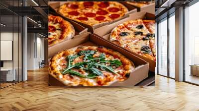 Assorted Pizza Boxes on Wooden Table Wall mural