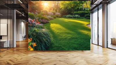 Beautiful home garden with a green lawn and colorful flowers,landscape design ideas for green garden a sunset or sunrise, residential house backyard background. medern house eksterior	
 Wall mural