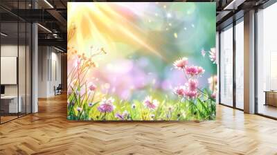 Beautiful spring meadow with grass and flowers in sunlight background banner, spring themed designs, nature projects, backgrounds, greeting cards, and floralthemed marketing materials. Wall mural