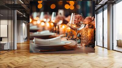 Beautifully organized event - round served table banquet ready for guests, round decorated table with empty plate, glasses, forks, napkin. Elegant dinner table Wall mural