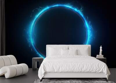 blue circle light frame on black background.Blue light effects on round placeholder for your text on dark background.a blue glowing circle.for futuristic or technology-themed designs. Wall mural