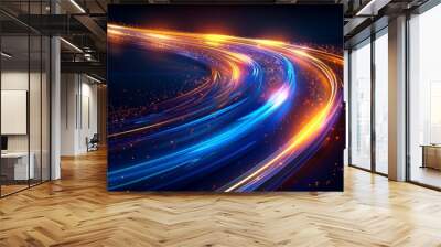 blue orange glowing light path trail., The concept of technology and information transfer. Abstract digital background. Optical fiber of digital communication. Vector illustration on a dark background Wall mural