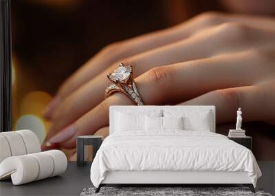 Close up of an elegant engagement diamond ring on woman finger. love and wedding concept. Wall mural