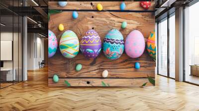 colorful painted easter eggs on a wooden table, gold green orange blue easter eggs on wood background. Easter frame of eggs painted in blue colorful color. Flat lay, top view. Copy space for tex Wall mural