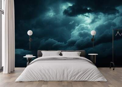 dark blue sky with clouds.  Black dark greenish blue  night sky. Gloomy ominous storm rain clouds background. Wall mural