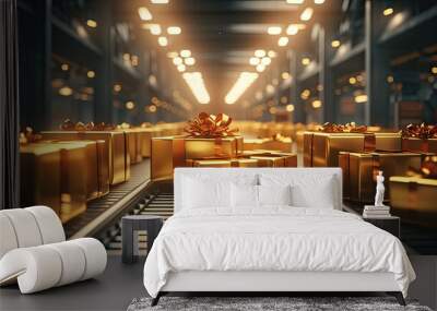 decorative boxes with golden bows placed on a train track.Closeup of cristmas gift box packages seamlessly moving along a conveyor belt in a warehouse. Cardboard, Gift, Christmas light concept.  Wall mural