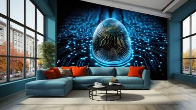 Digital fingerprint scanner, scan biometric identity and access password thru fingerprint, concept of cybersecurity and data protection, security systemBusiness Technology Safety Internet Concept. Wall mural