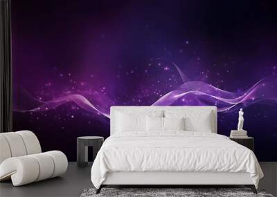 Digital purple particles wave and light abstract background with shining dots stars. Wall mural