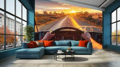 Driving into the Sunset on a Long Road Wall mural