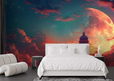 Eid mubarak and ramadan kareem greetings with an islamic lantern and moon on clouds sky background, Wall mural