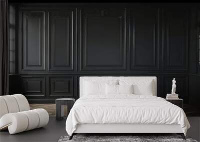 empty room with black wood wall panels background with wooden floor,Luxury wood paneling background or texture. highly crafted classic or traditional wood paneling, with a frame pattern,  Wall mural