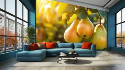 fresh pears growing on a tree in the garden. the scene exudes the essence of nature's abundance, sho Wall mural