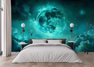 green  night sky with green moon and clouds backhround, green halloween background, scary spooky night Wall mural